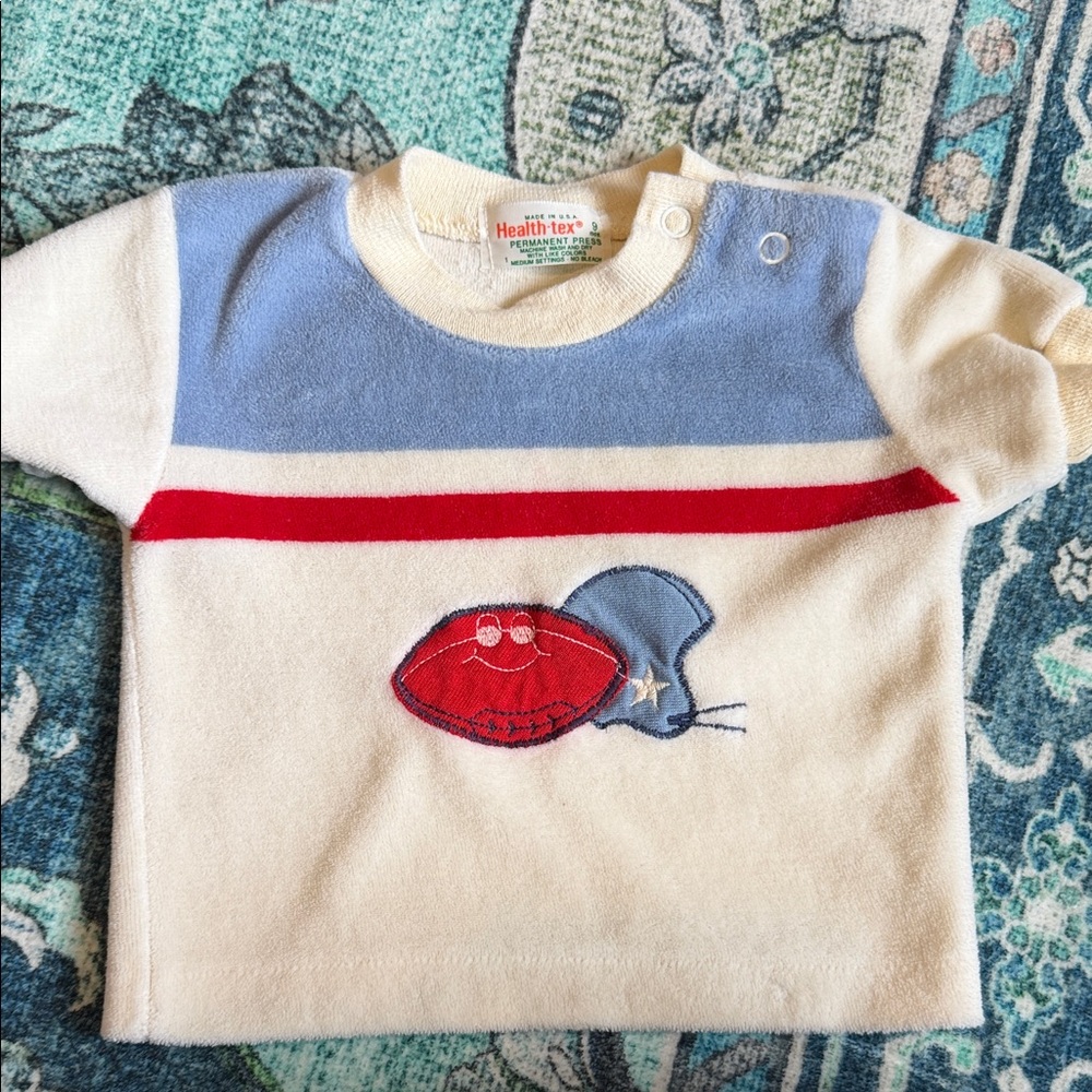 Vintage Healthtex Cream, Blue & Red Short-Sleeve Tee with football appliqué.